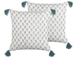 Set of 2 Cotton Cushions Floral Pattern with Tassels 45x45cm White and Blue