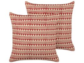 Set of 2 Cotton Cushions Geometric Pattern 45x45cm Red and Beige