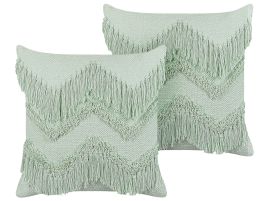 Set of 2 Cotton Cushions with Tassels 45x45cm Light Green
