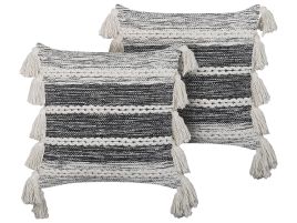 Set of 2 Cotton Cushions with Tassels 45x45cm Black and White