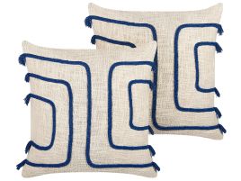 Set of 2 Cotton Cushions Abstract Pattern 45x45cm Beige and Navy Blue