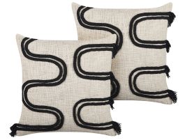 Set of 2 Cotton Cushions 45x45cm Beige and Black