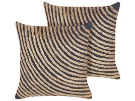 Set of 2 Cotton Cushion with Braided Jute 45x45cm Beige and Black