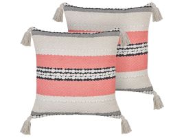 Set of 2 Cotton Cushions Striped Pattern 45x45cm Beige and Red
