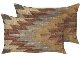 Set of 2 Jute Cushions Geometric Pattern 30x50cm Multicolour