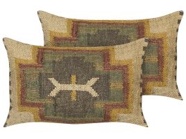 Set of 2 Jute Cushions Geometric Pattern 30x50cm Multicolour