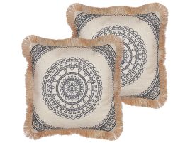 Set of 2 Cushions Boho Motif 45x45cm Beige and Black