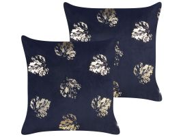 Set of 2 Velvet Cushions Leaf Pattern 45x45cm Black