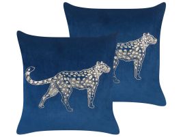 Set of 2 Velvet Cushions Animal Motif 45x45cm Navy Blue