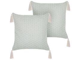 Set of 2 Cushions Geometric Pattern with Tassels 42x42cm Mint Green