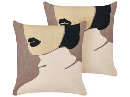 Set of 2 Cotton Cushions Female Motif 45x45cm Brown and Beige