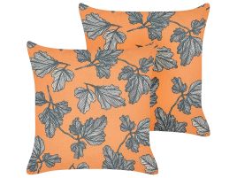 Set of 2 Cushions Leaf Motif 45x45cm Orange and Black