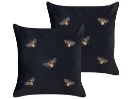 Set of 2 Embroidered Velvet Cushions Bees Motif 45x45cm Black