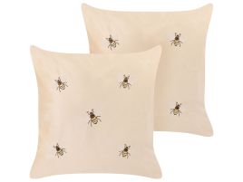 Set of 2 Embroidered Velvet Cushions Bees Motif 45x45cm Beige