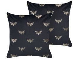 Set of 2 Velvet Cushions Butterfly Pattern 45x45cm Black