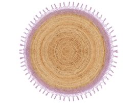 Round Jute Area Rug 140cm Beige and Purple