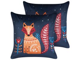 Set of 2 Velvet Kids Cushions Fox Motif 45x45cm Dark Blue