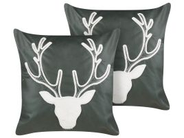 Set of 2 Velvet Cushions Reindeer Motif 45x45cm Green