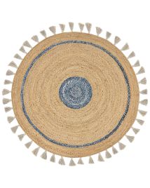 Round Jute Area Rug 140cm Beige and Blue