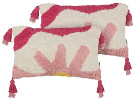 Set of 2 Tufted Cotton Cushions with Tassels 30x50cm Pink and White