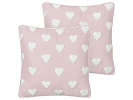 Set of 2 Cotton Cushions Embroidered Hearts 45x45cm Pink