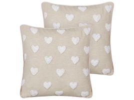 Set of 2 Cotton Cushions Embroidered Hearts 45x45cm Beige