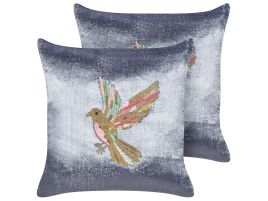 Set of 2 Velvet Cushions Bird Motif 45x45cm Grey