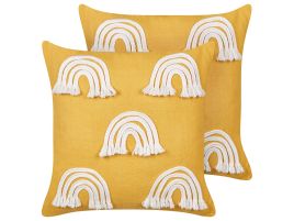 Set of 2 Cotton Cushions Embroidered Rainbows 45x45cm Yellow