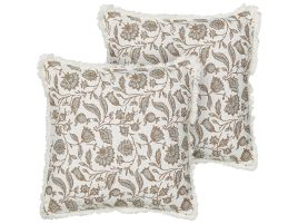 Set of 2 Cotton Cushions Floral Motif 45x45cm White and Grey