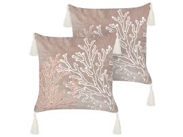 Set of 2 Velvet Cushions Coral Motif 45x45cm Taupe