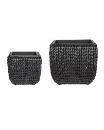 Set of 2 PE Rattan Plant Pots Black BERBERIS