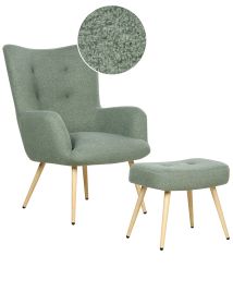 Boucle Wingback Chair with Footstool Light Green VEJLE II