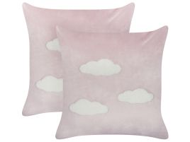 Set of 2 Velvet Embroidered Cushions Clouds Pattern 45x45cm Pink