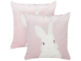 Set of 2 Velvet Embroidered Cushions Bunny Pattern 45x45cm Pink