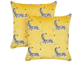 Set of 2 Velvet Cushions Zebra Pattern 45x45cm Yellow