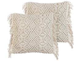 Set of 2 Cotton Macrame Cushions with Tassels 45x45cm Beige