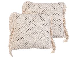 Set of 2 Cotton Macrame Cushions with Tassels 45x45cm Beige