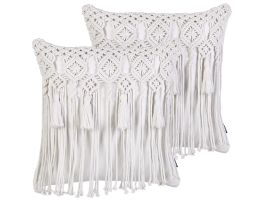 Set of 2 Cotton Macrame Cushions with Tassels 45x45cm White