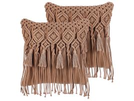 Set of 2 Cotton Macrame Cushions with Tassels 45x45cm Brown