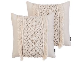 Set of 2 Cotton Macrame Cushions with Tassels 45x45cm Beige