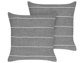Set of 2 Linen Cushions Striped 50x50cm Grey and White