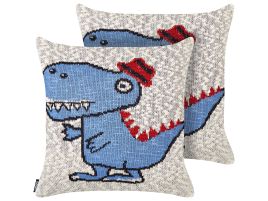 Set of 2 Cotton Kids Cushions Dino Motif 45x45cm Beige and Blue