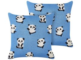 Set of 2 Cotton Kids Cushions Pandas Motif 45x45cm Blue