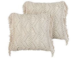 Set of 2 Cotton Macrame Cushions with Tassels 45x45cm Light Beige