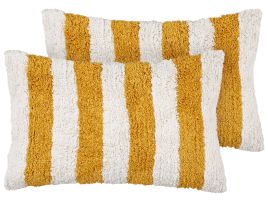 Set of 2 Tufted Cotton Cushions Striped 30x50cm White and Yellow