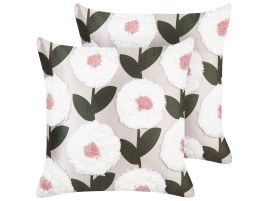 Set of 2 Tufted Cotton Cushions Floral Pattern 45x45cm Pink