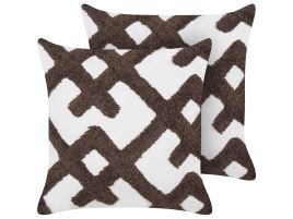 2 Cotton Cushions with Abstract Pattern 45x45cm White and Brown
