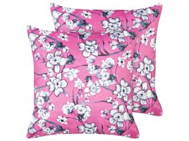 Set of 2 Velvet Cushions Floral Motif 45x45cm Pink
