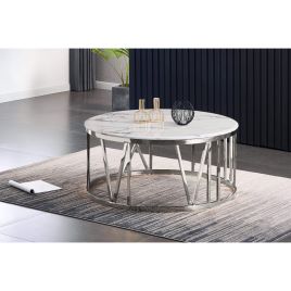 Wallsend White Marble Effect Top Round Coffee Table in Solid Stainless Steel Frame - Silver