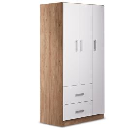 RUSI 3 Door Wardrobe with 2 Drawers Oak with White - 90cm